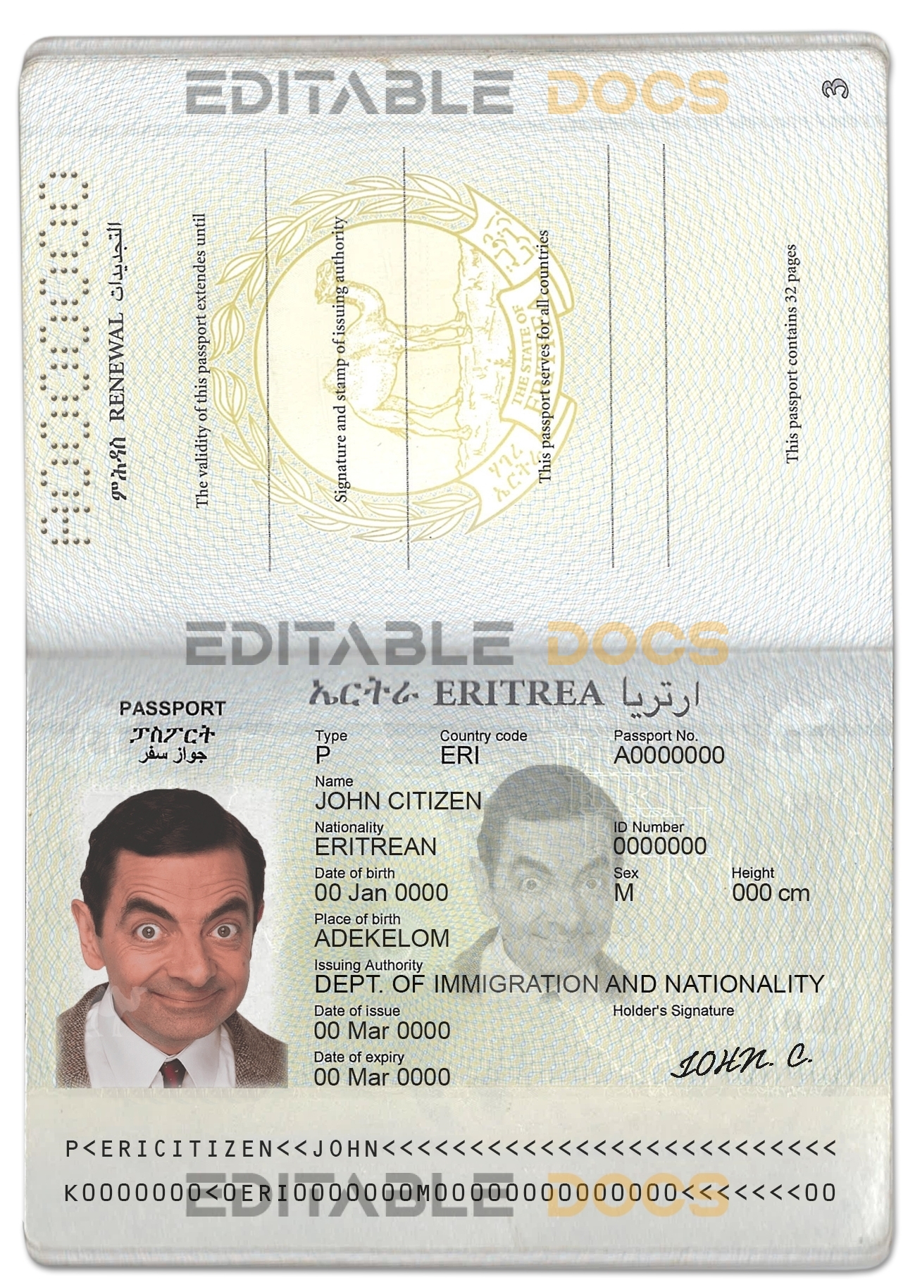 Authentic Eritrea PSD Passport Template