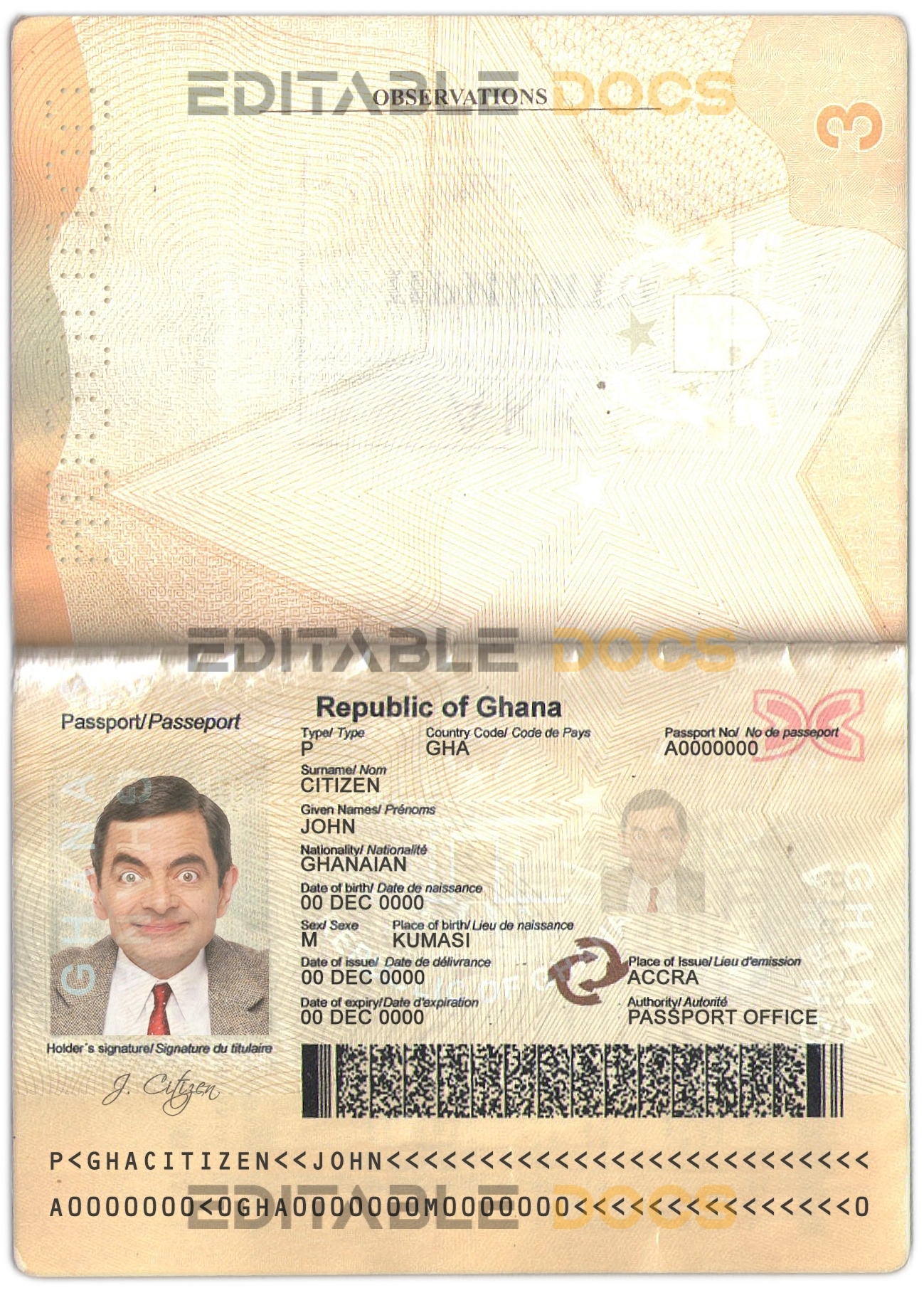 Authentic Ghana PSD Passport Template