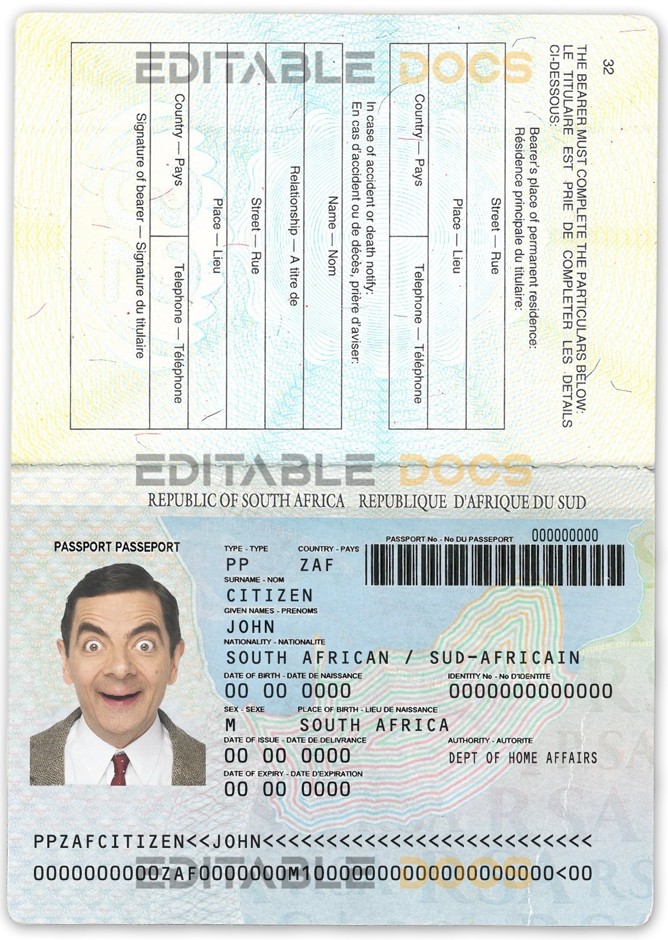 Authentic South Africa PSD Passport Template (1996-2009)