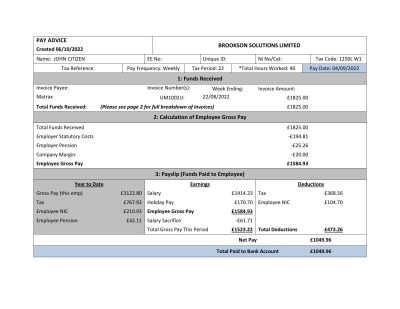 USA Brookson solutions limited payslip Word and PDF template