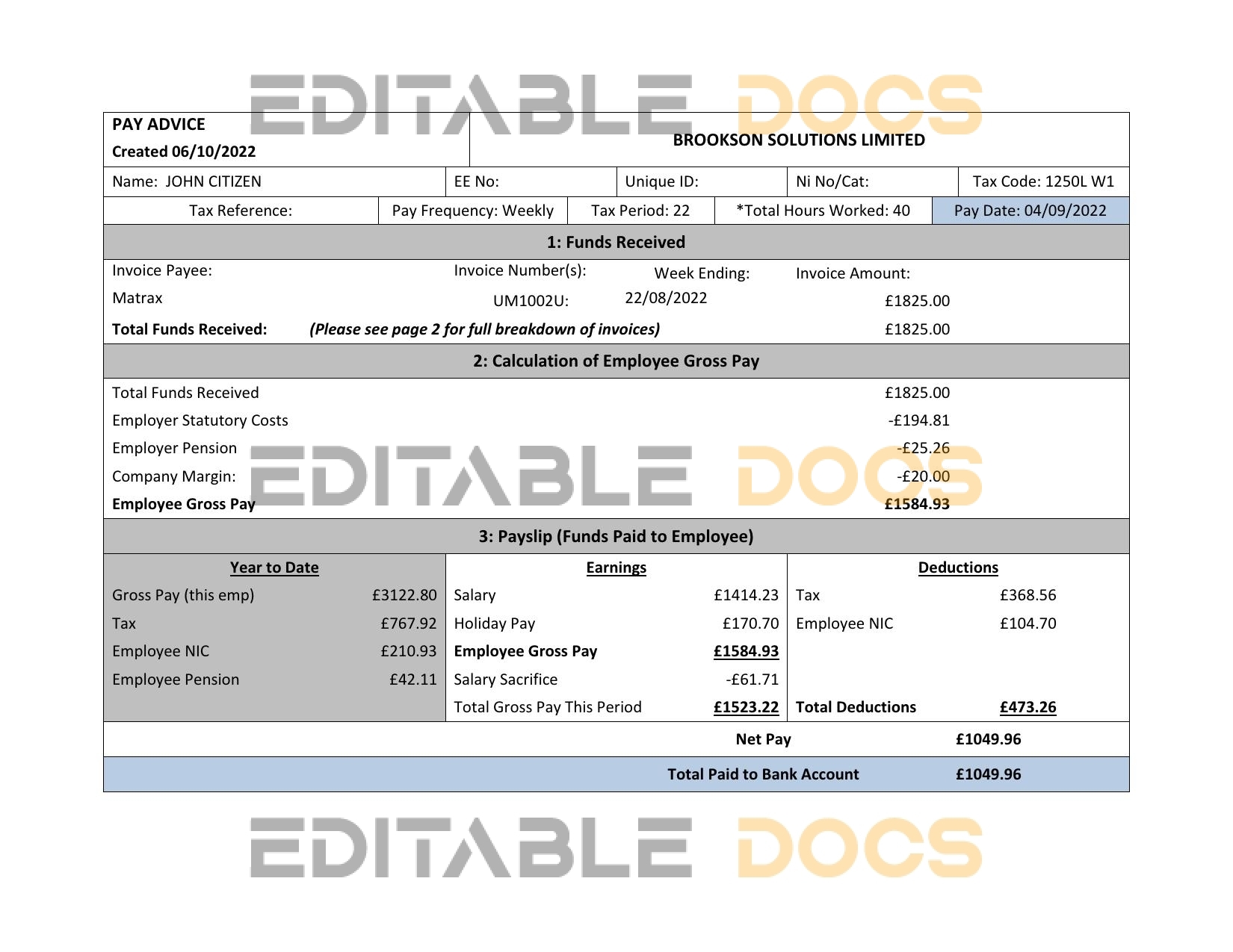 USA Brookson solutions limited payslip Word and PDF template