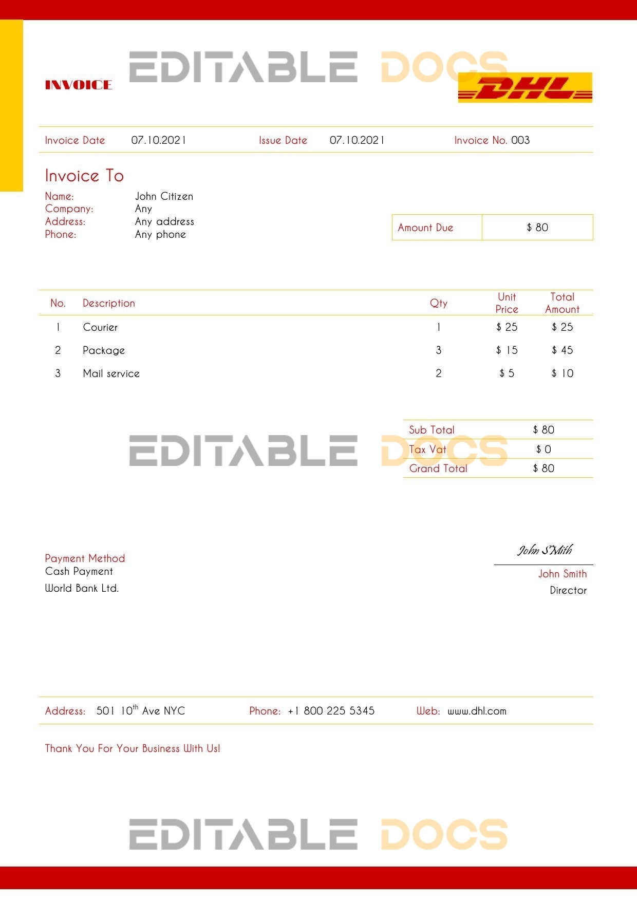 USA DHL invoice template in Word and PDF format, fully editable