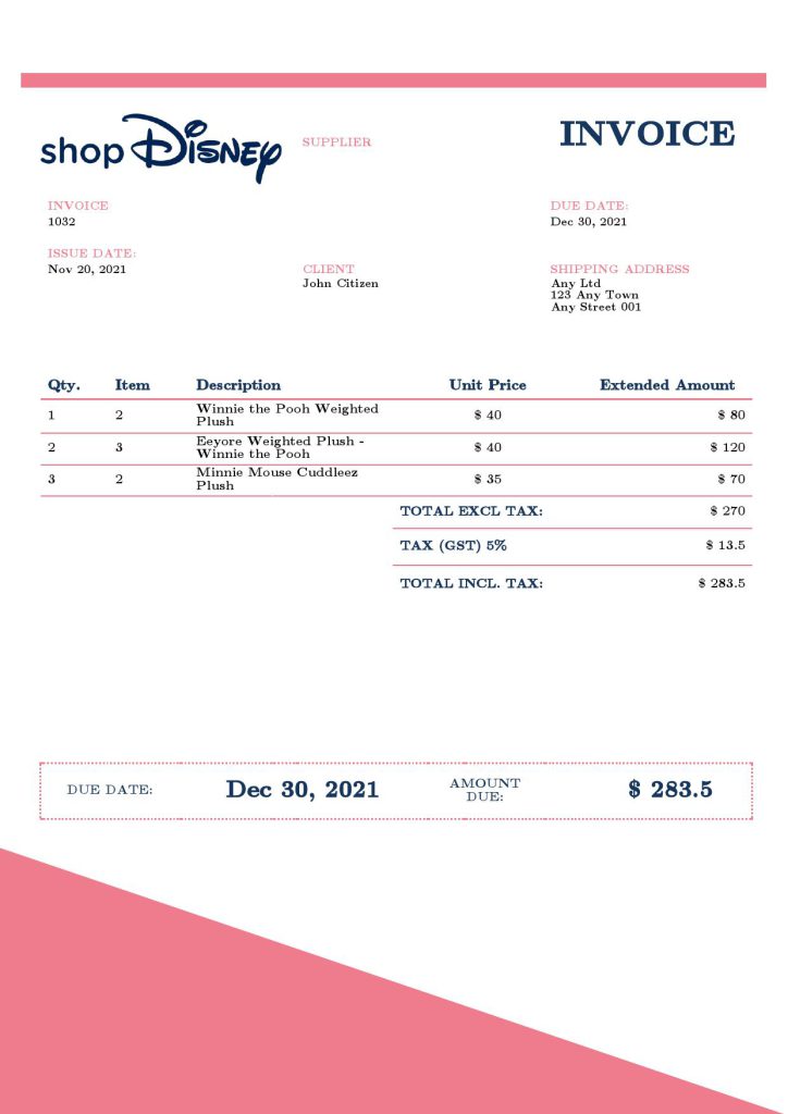 USA Disney invoice template in Word and PDF format, fully editable