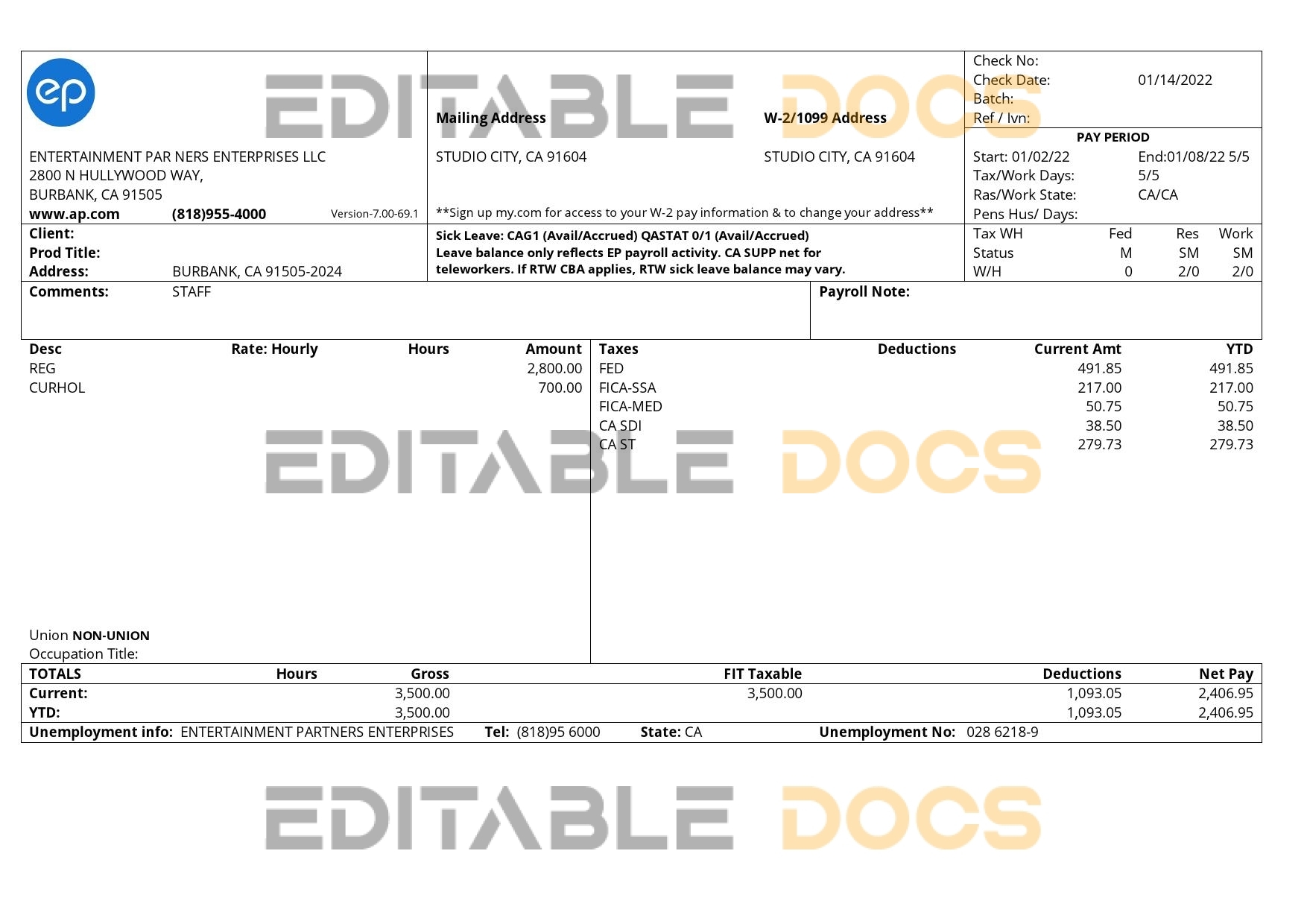 USA Entertainment Partners Enterprises financial company pay stub Word and PDF template