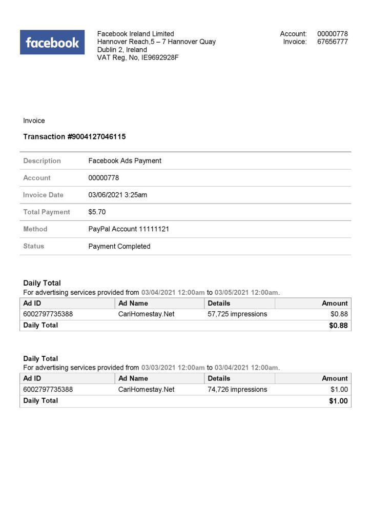 USA Facebook invoice template in Word and PDF format, fully editable