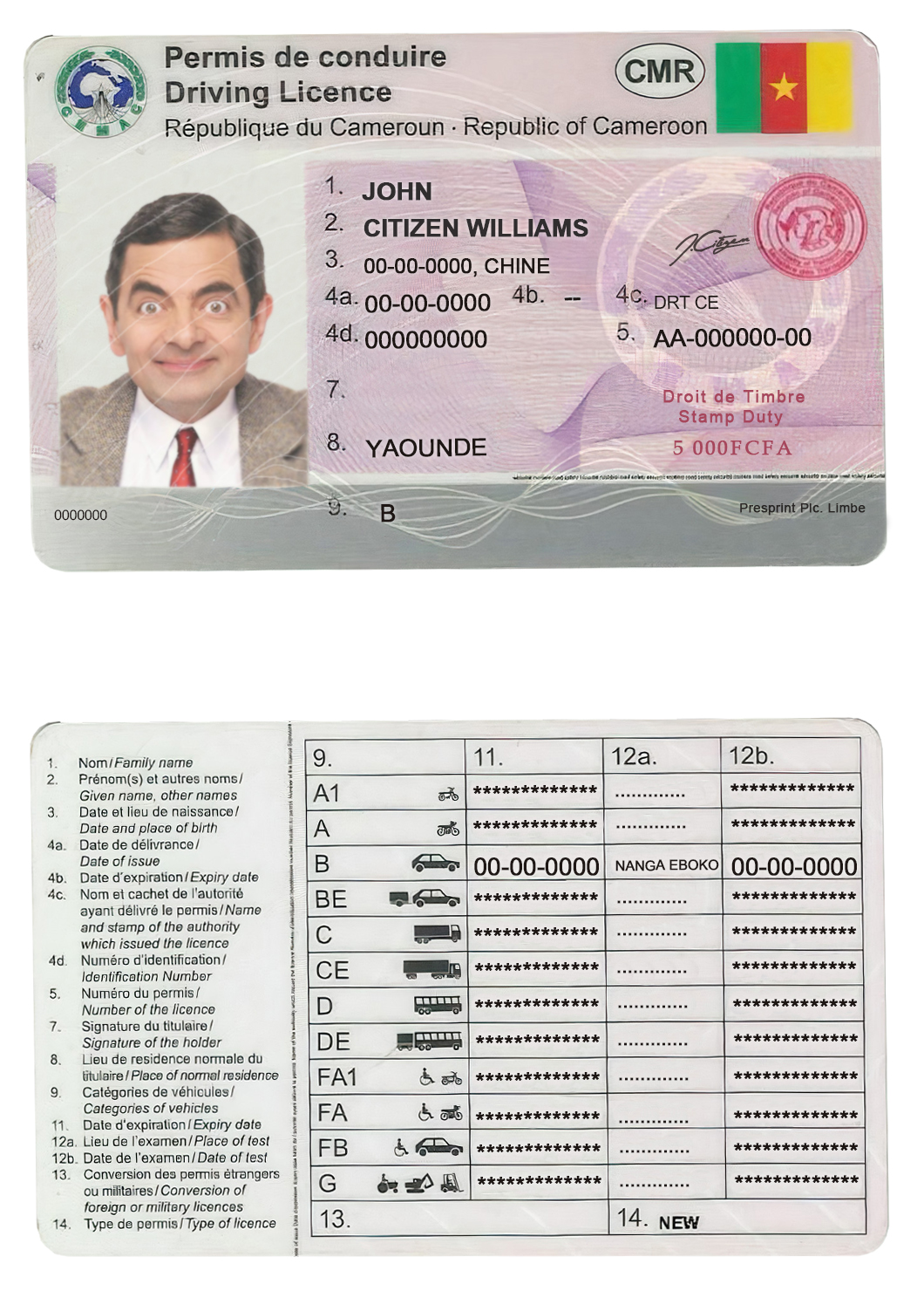 Fake Cameroon Driver License Template | PSD Layer-Based