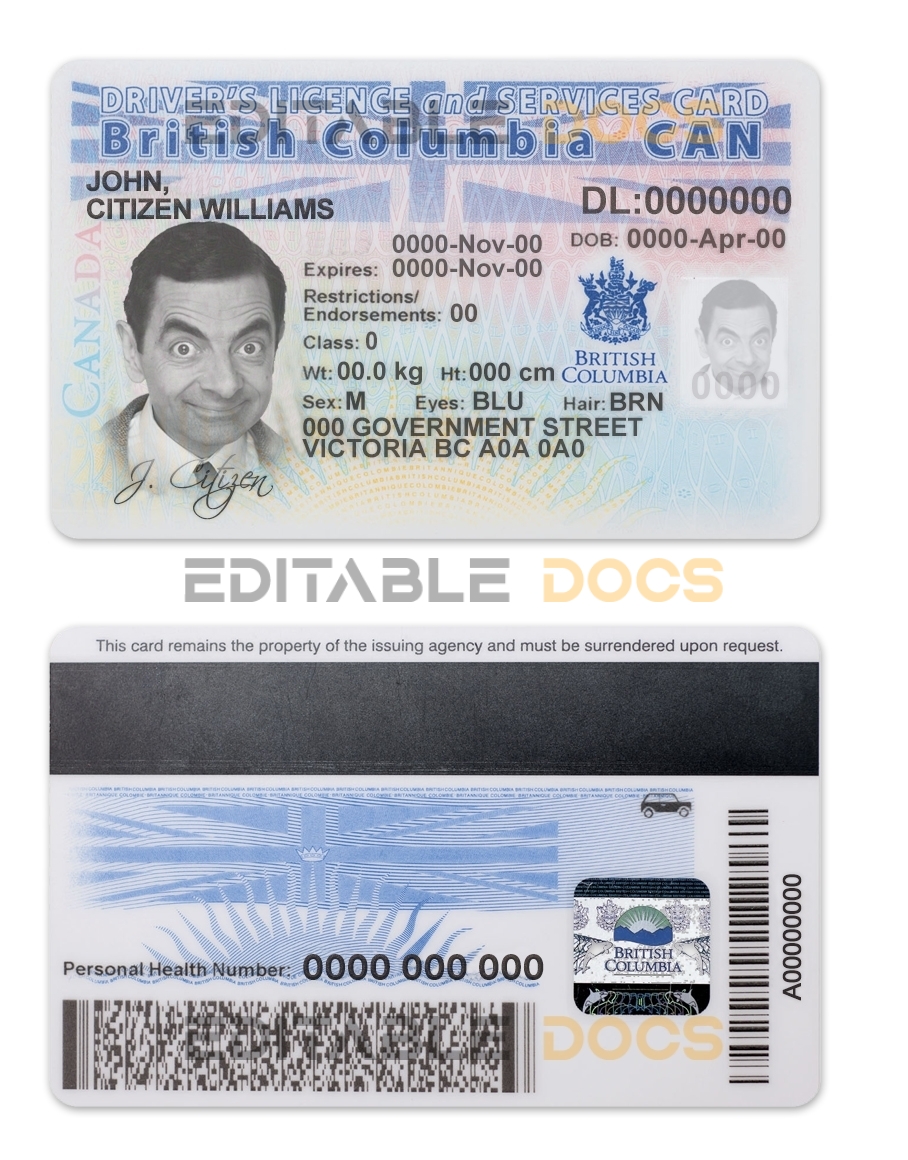 Fake Canada province British Columbia Driver License Template | PSD Layer-Based