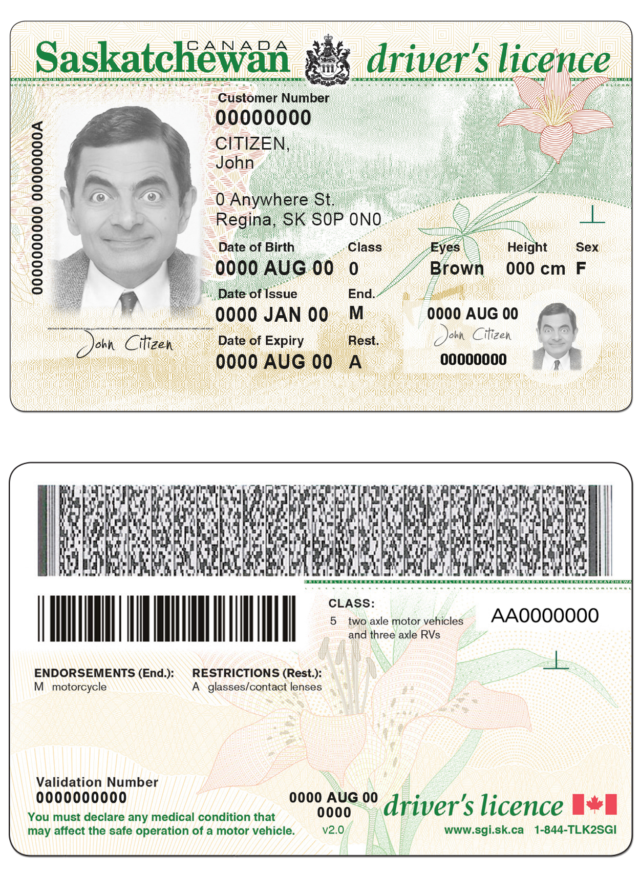 Fake Canada province Saskatchewan Driver License Template | PSD Layer-Based