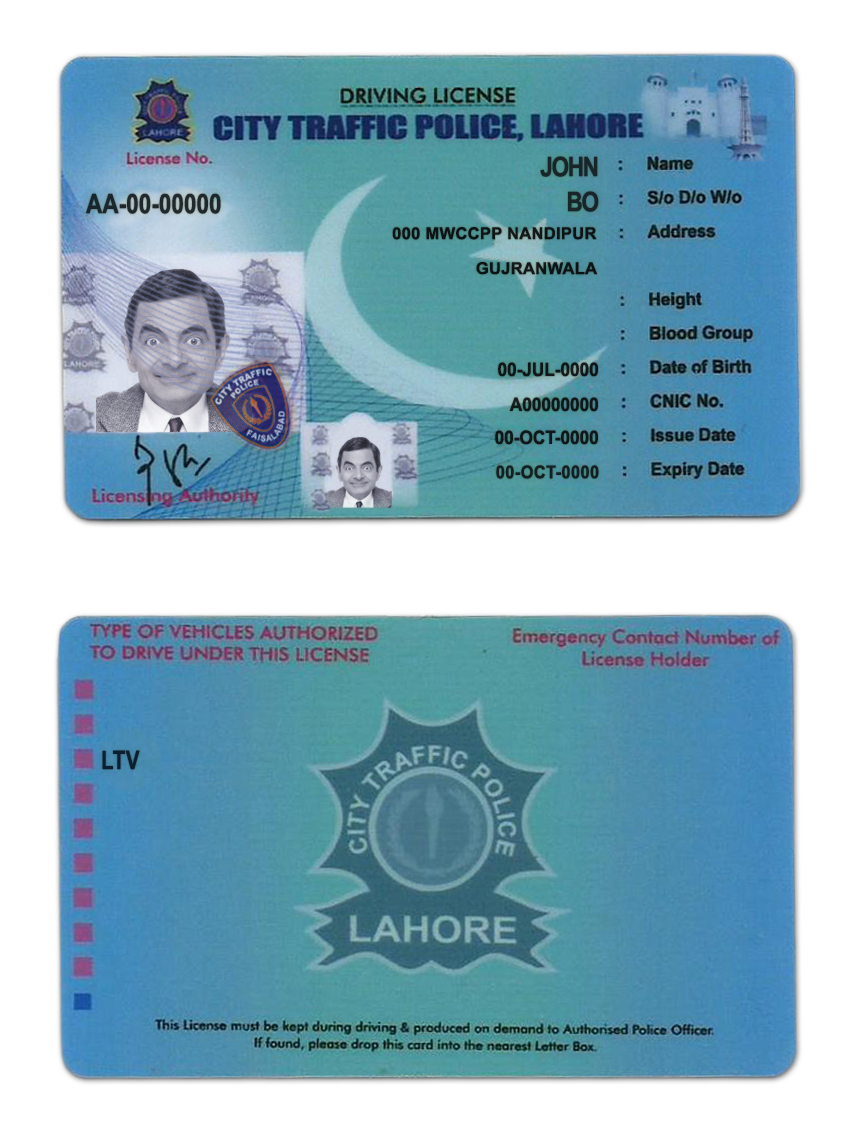 Fake Pakistan City Traffic Police Lahore Driver License Template | PSD Layer-Based