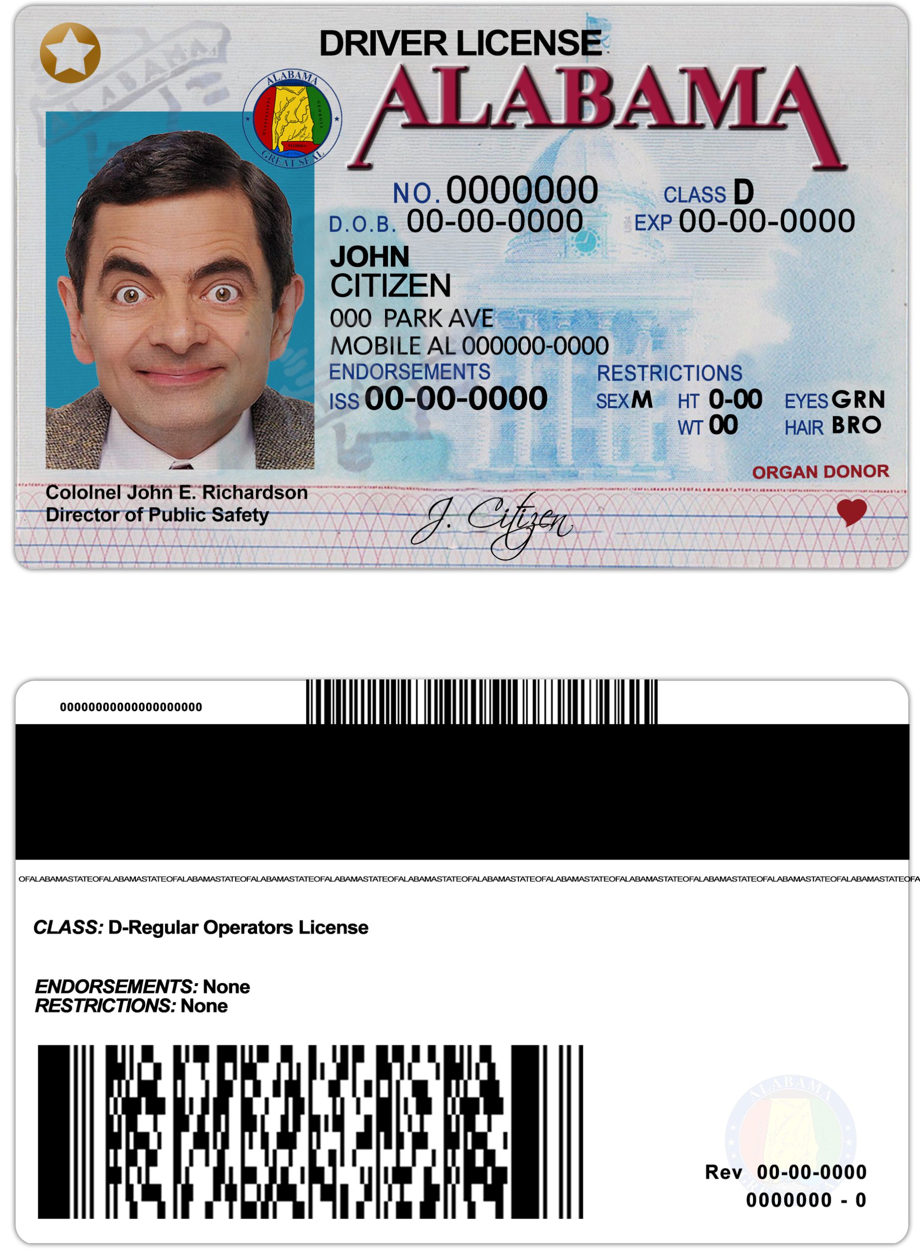 Fake USA Alabama Driver License Template | PSD Layer-Based