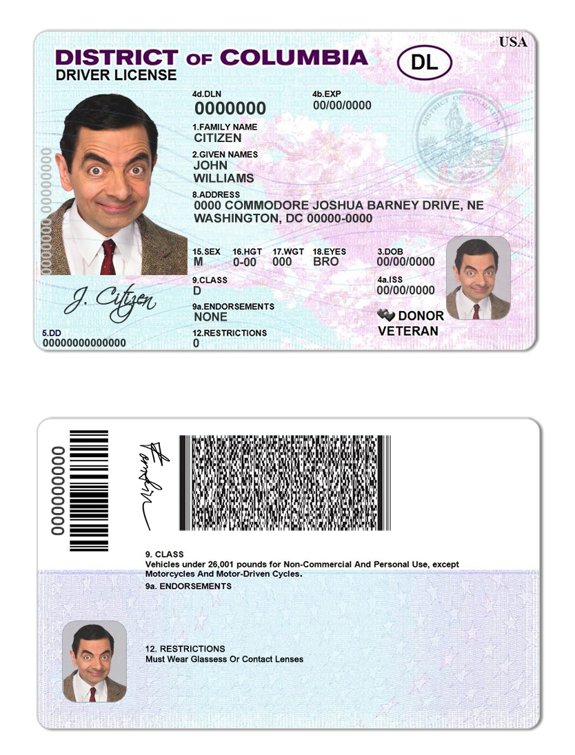 Fake USA District of Columbia Driver License Template | PSD Layer-Based