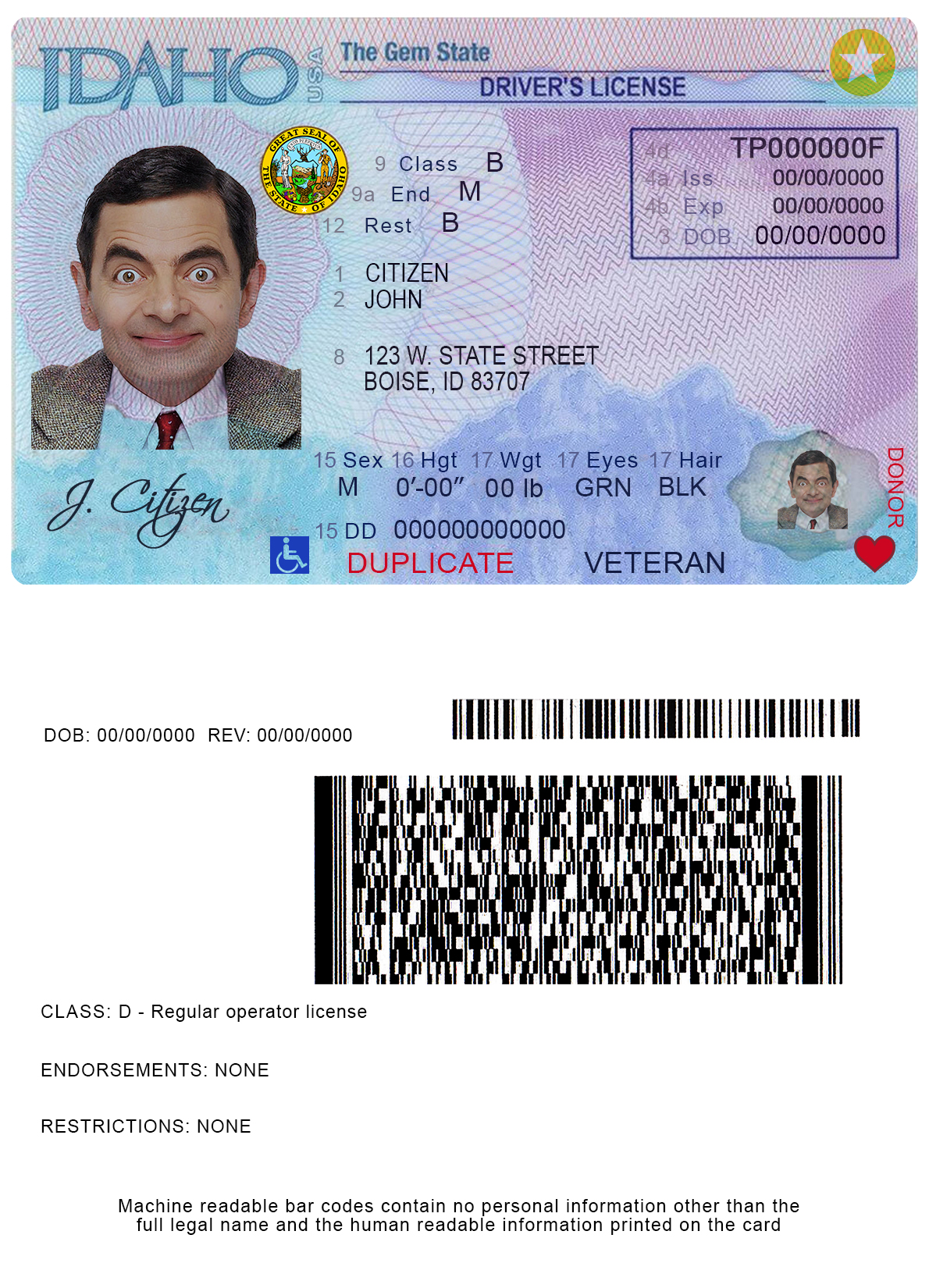 Fake USA Idaho Driver License Template | PSD Layer-Based