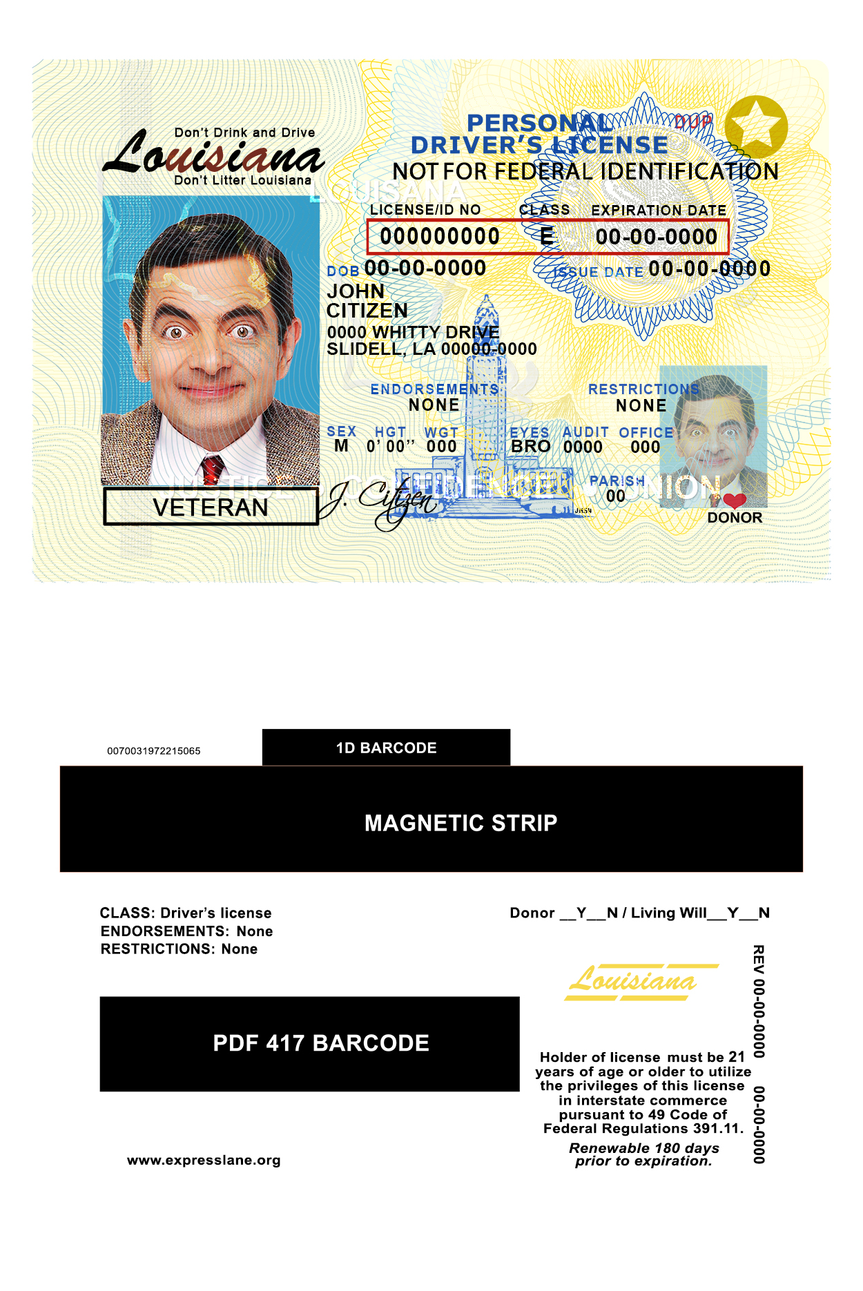 Fake USA Louisiana Driver License Template | PSD Layer-Based
