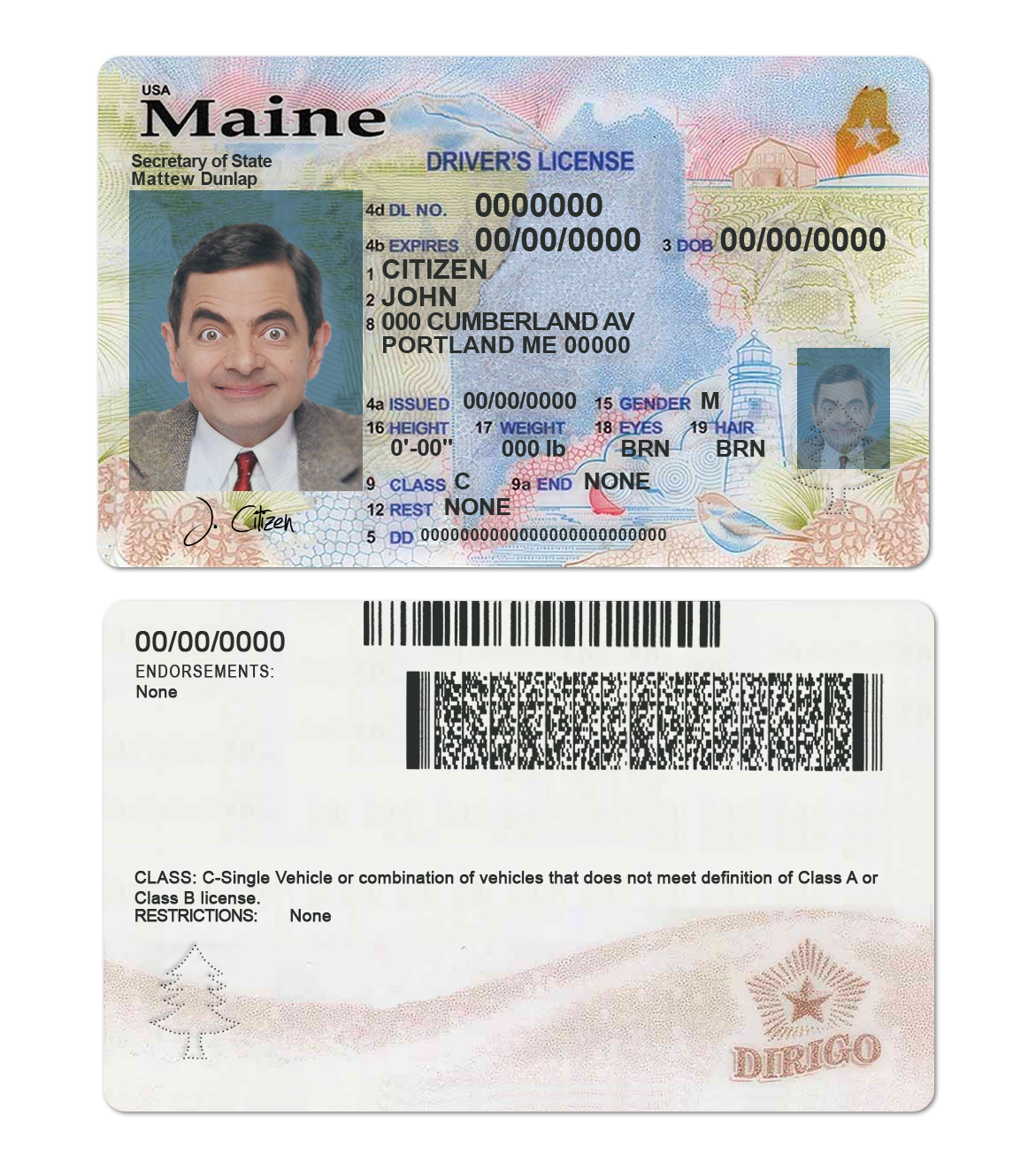 Fake USA Maine state Driver License Template (2019 – present) | PSD Layer-Based