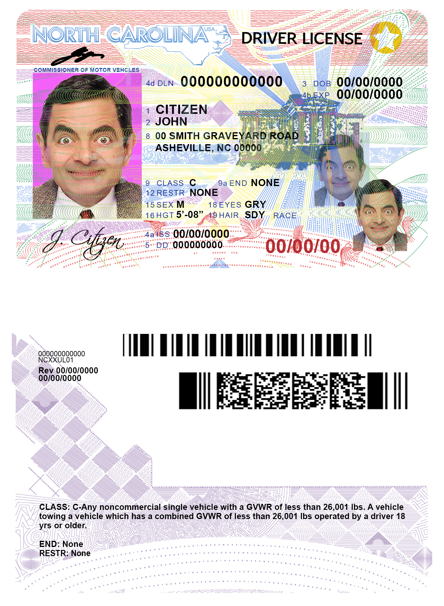 Fake USA North Carolina Driver License Template | PSD Layer-Based