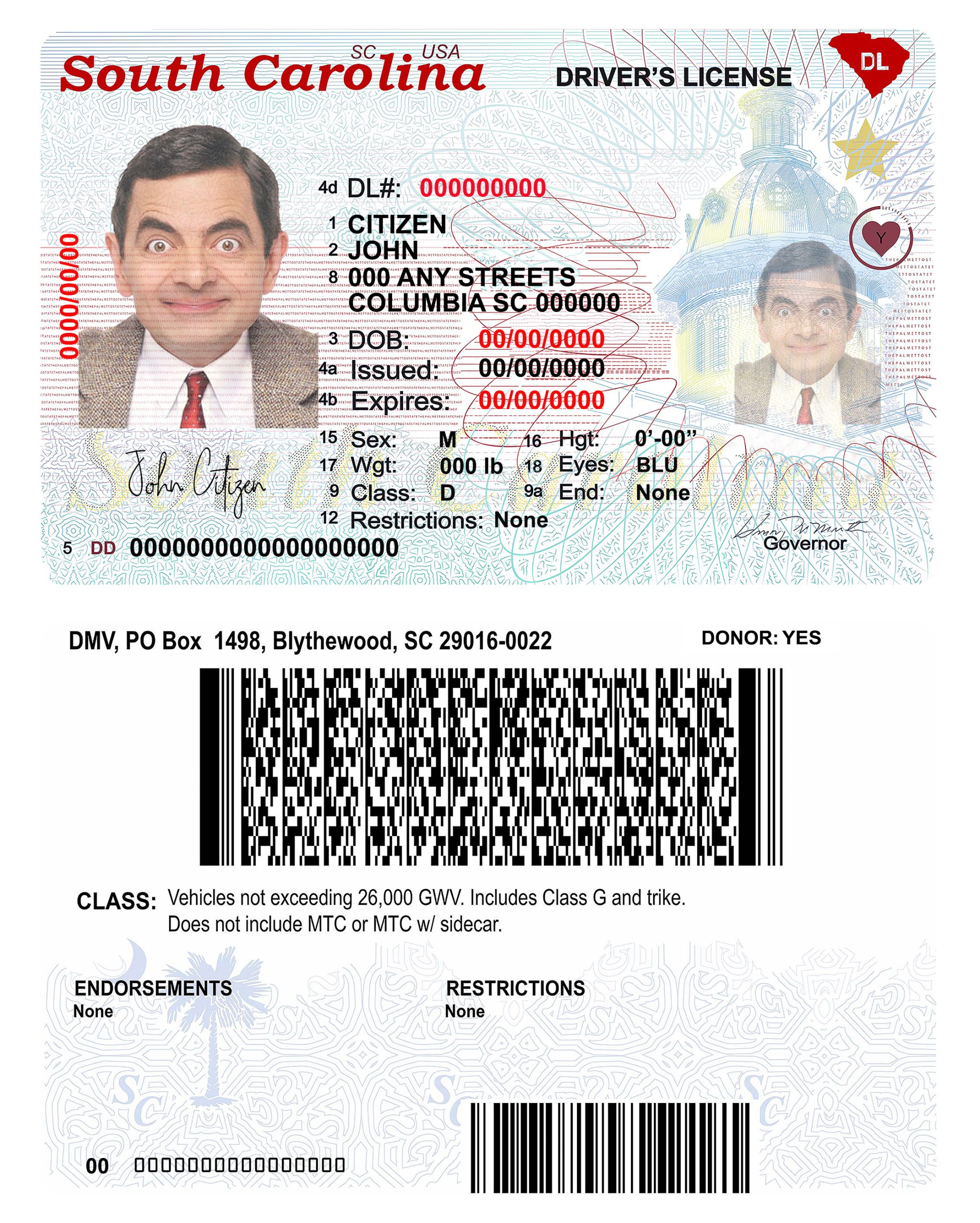 Fake USA South Carolina state Driver License Template (2020 – present) | PSD Layer-Based
