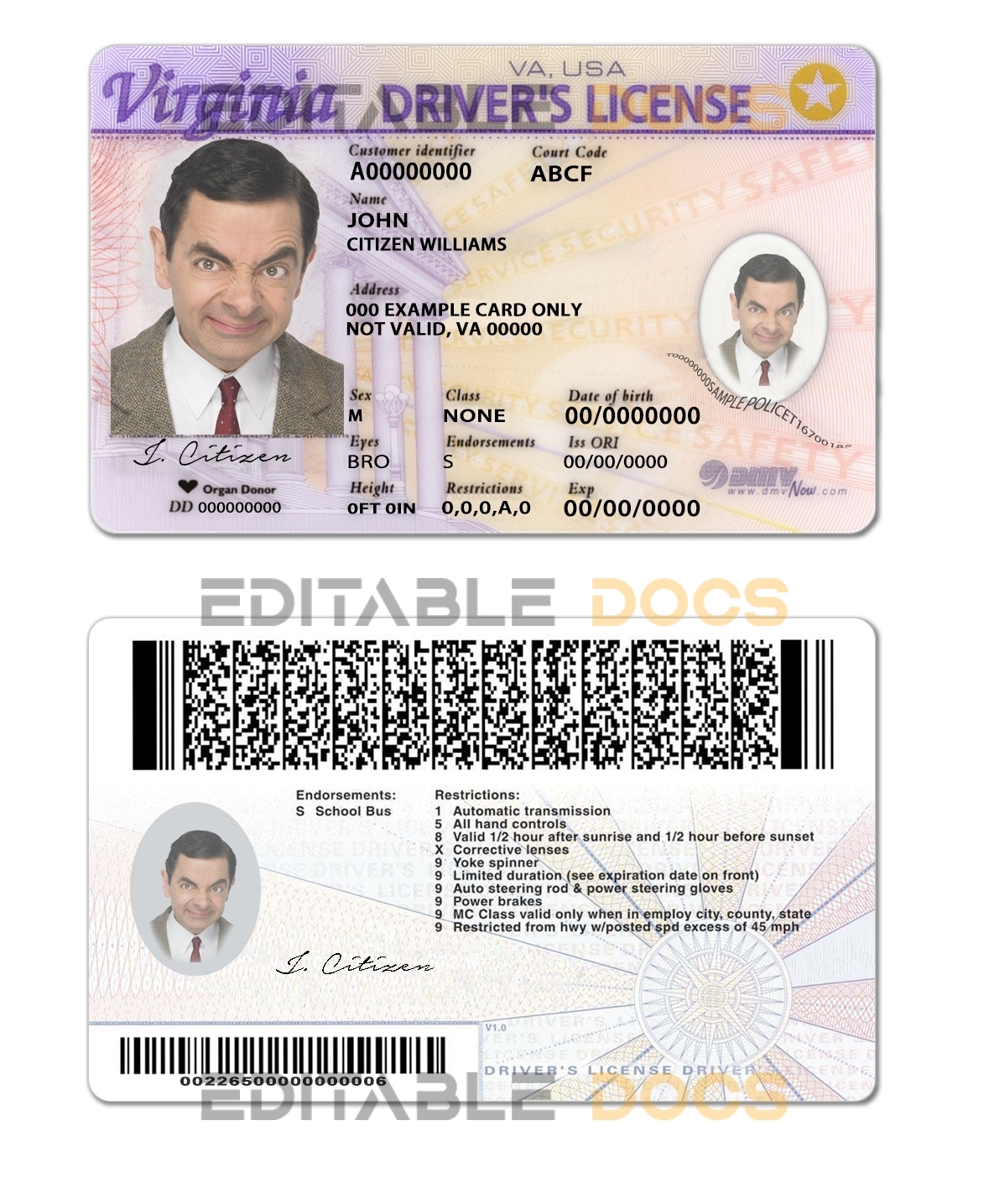 Fake USA Virginia Driver License Template | PSD Layer-Based