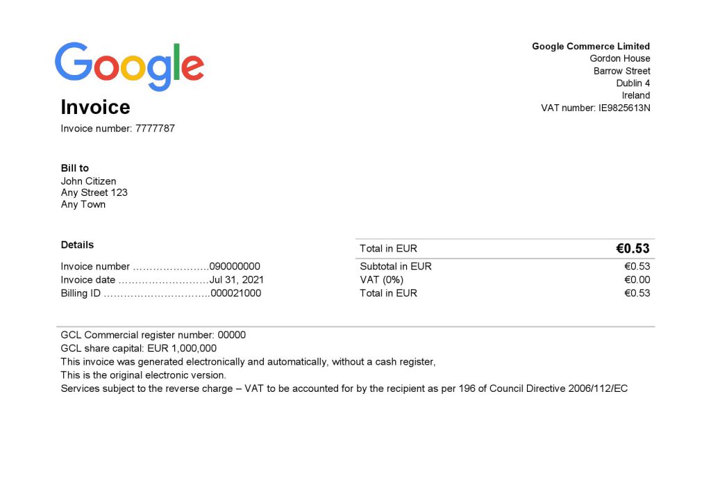 USA Google invoice template in Word and PDF format, fully editable