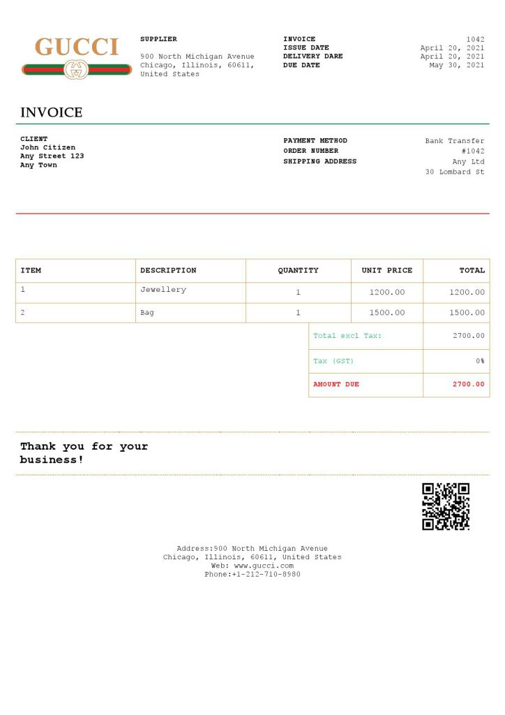 USA Gucci invoice template in Word and PDF format, fully editable