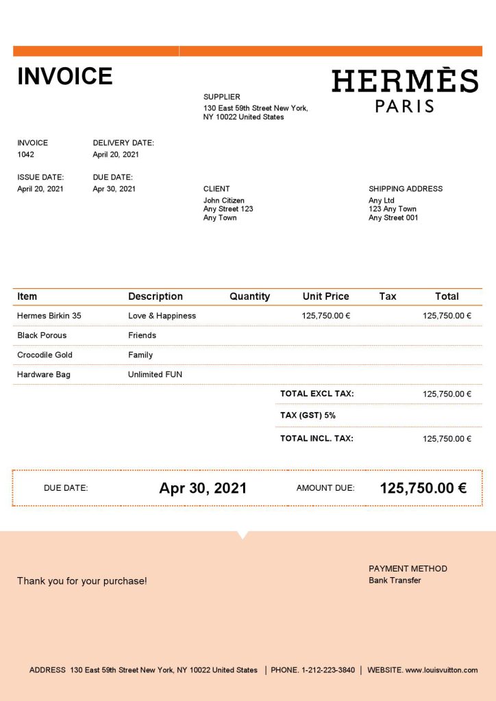 USA Hermes invoice template in Word and PDF format, fully editable
