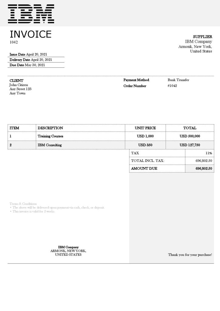 USA IBM invoice template in Word and PDF format, fully editable