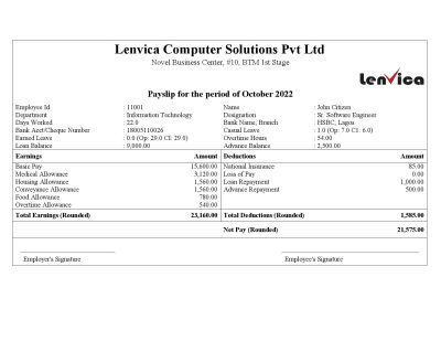 India Lenvica computer solutions company pay stub Word and PDF template