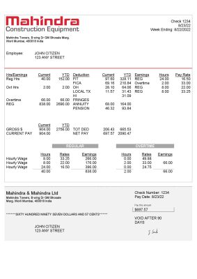 India Mahindra & Mahindra Ltd automotive industry company pay stub Word and PDF template