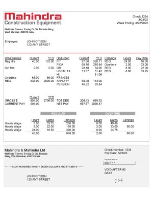 India Editable Docs 13 India Mahindra & Mahindra Ltd automotive industry company pay stub Word and PDF template
