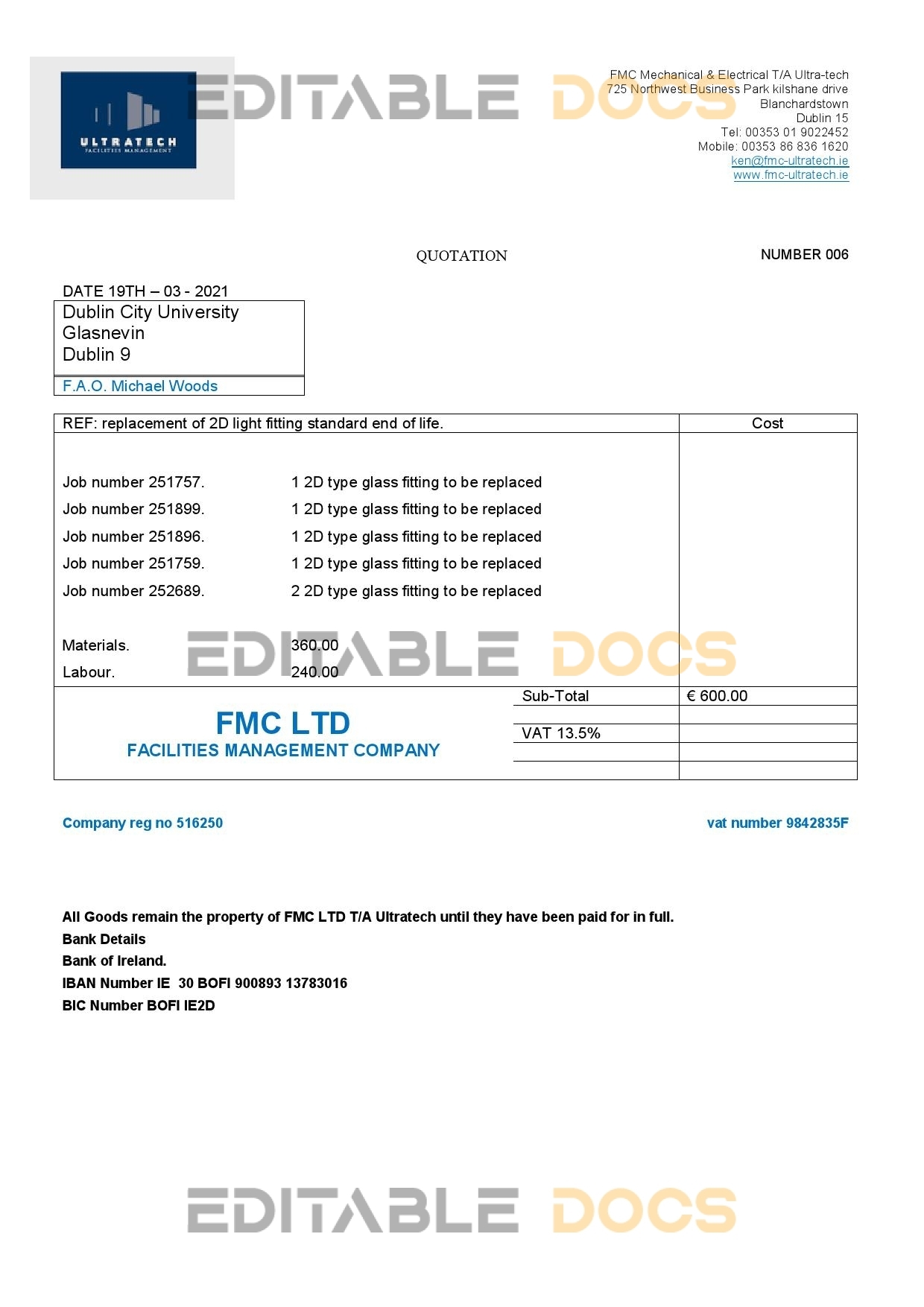 Ireland Ultratech Pvt Ltd invoice template in Word and PDF format, fully editable