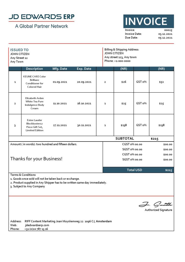 USA JD invoice template in Word and PDF format, fully editable