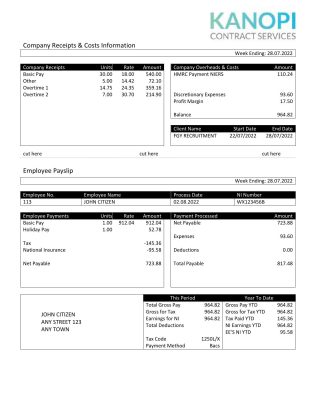 United Kingdom Kanopi Contract Services payroll company pay stub Word and PDF template