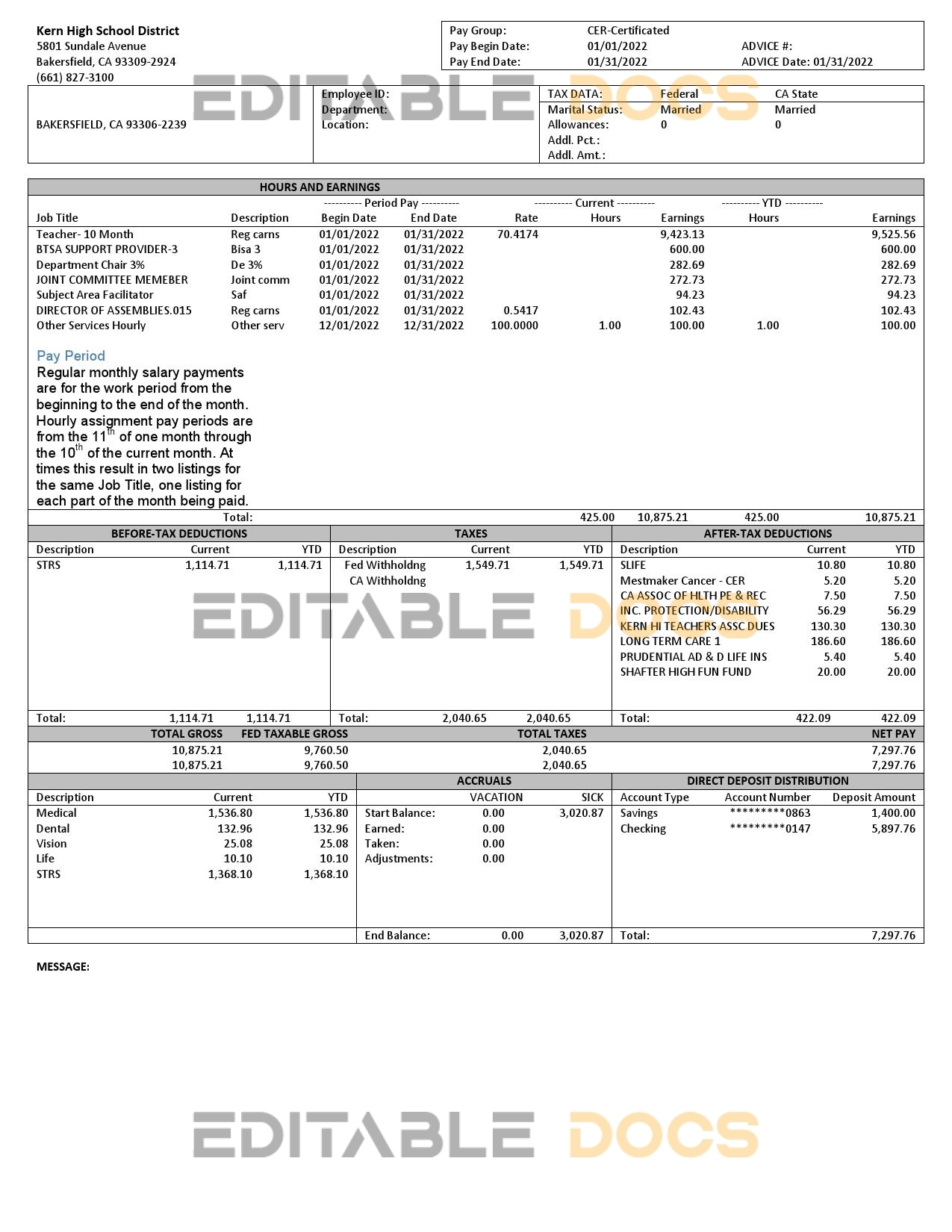 USA California Kern highschool District earnings statement Word and PDF template