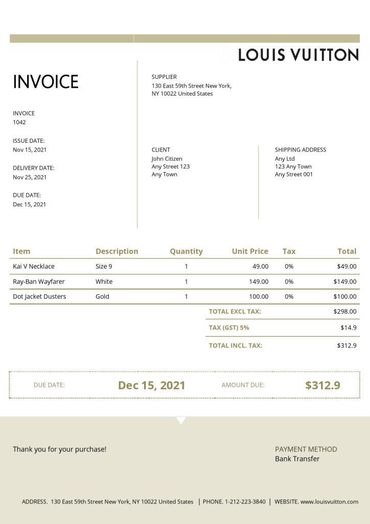 USA Louis Vuitton invoice template in Word and PDF format, fully editable