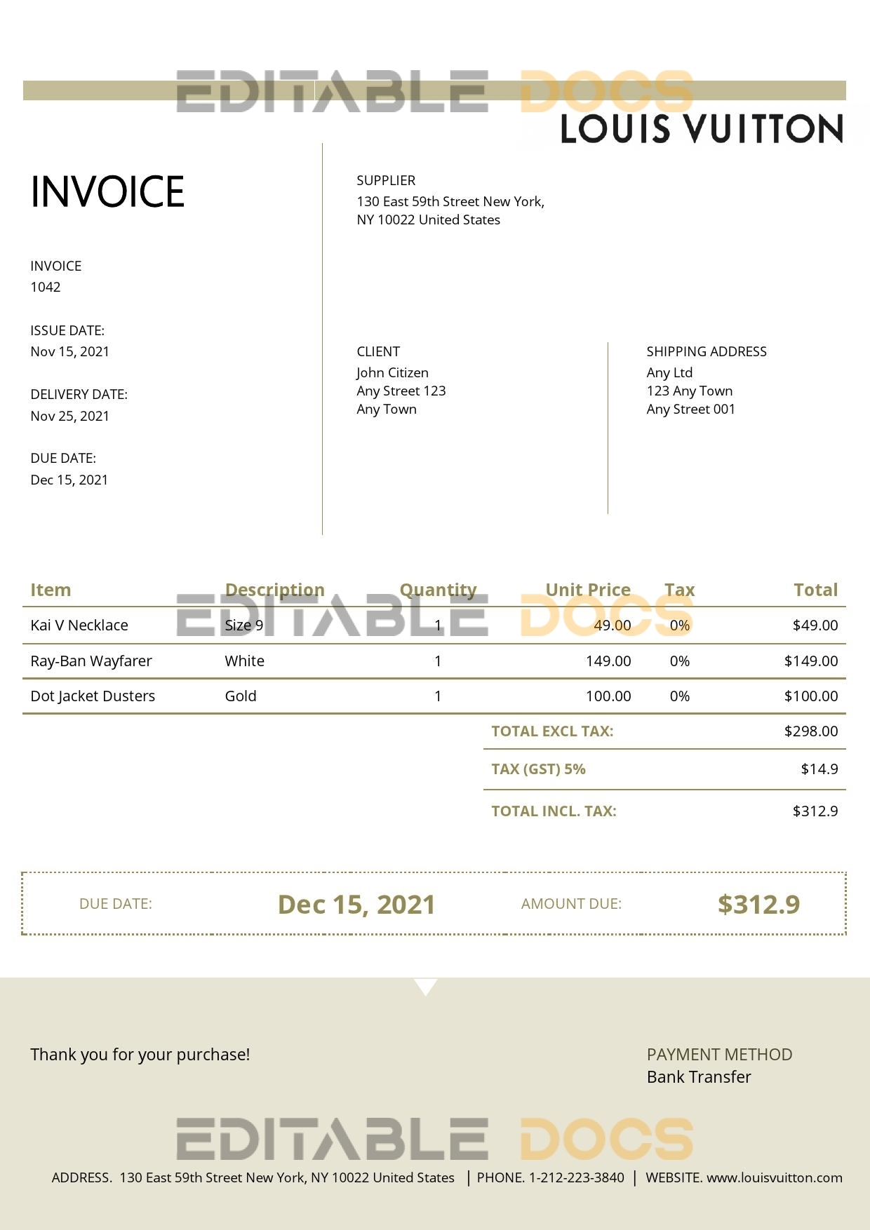 USA Louis Vuitton invoice template in Word and PDF format, fully editable