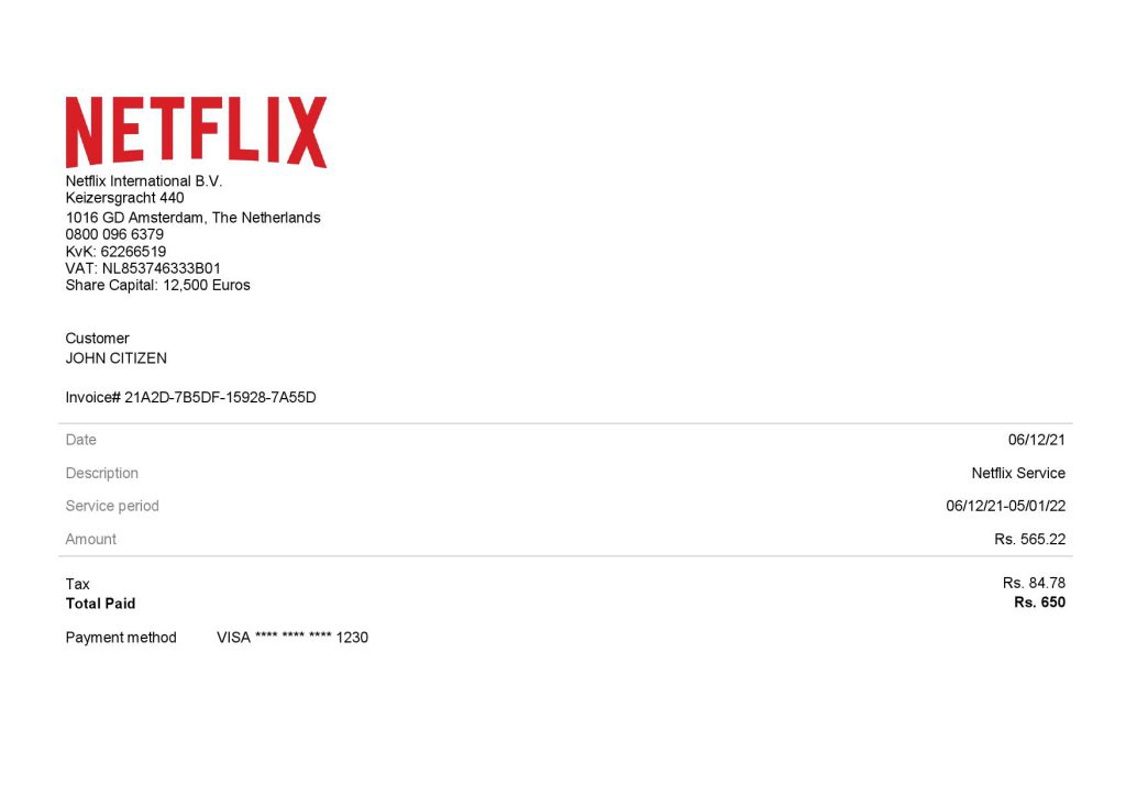 USA Netflix invoice template in Word and PDF format, fully editable