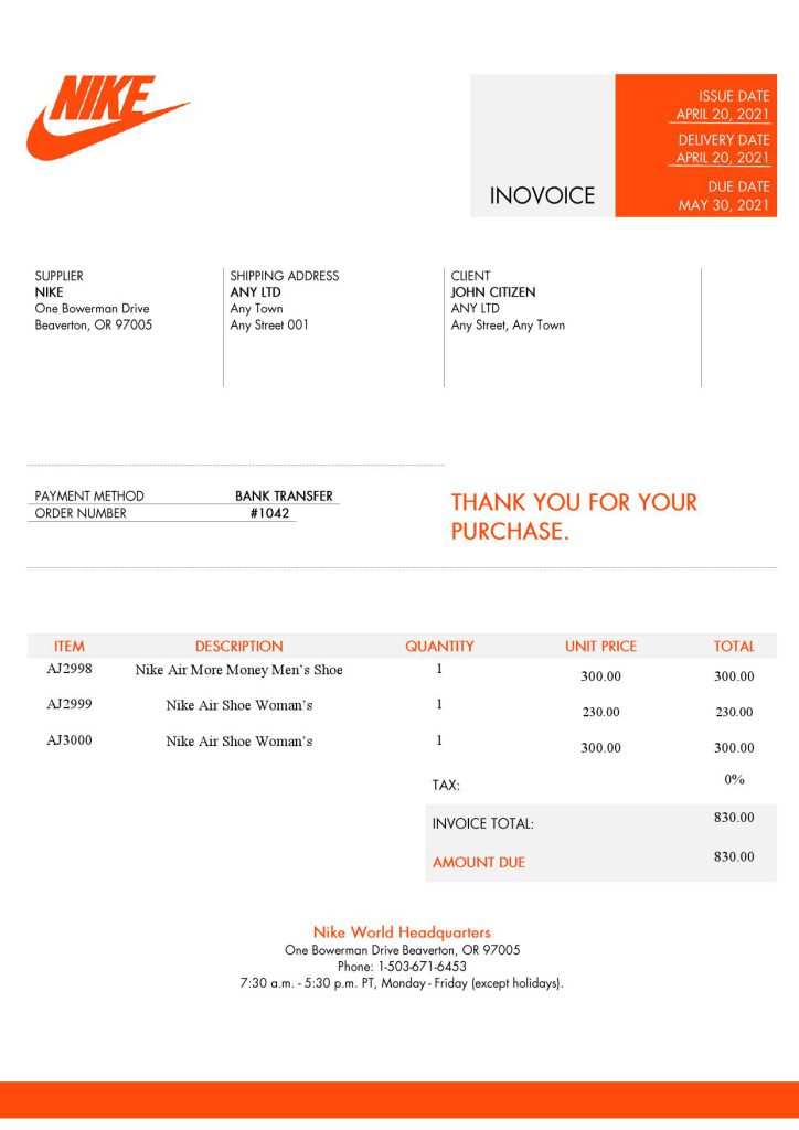 USA Nike invoice template in Word and PDF format, fully editable