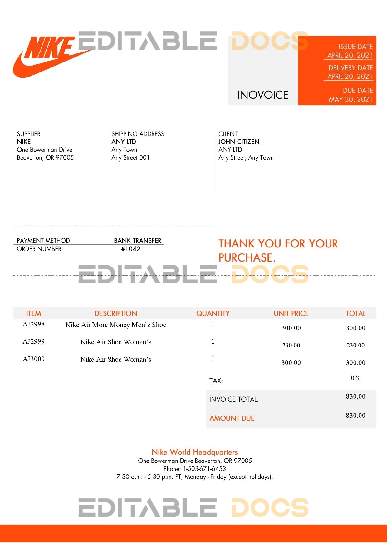 USA Nike invoice template in Word and PDF format, fully editable