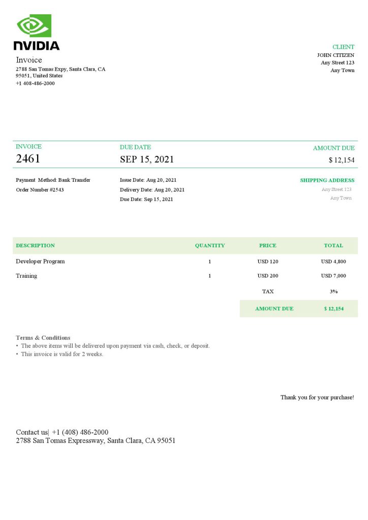 USA Nvidia invoice template in Word and PDF format, fully editable
