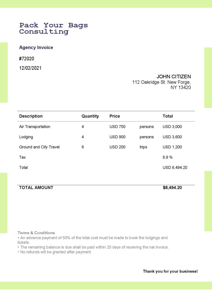 USA Pack Your Bags Consulting invoice template in Word and PDF format, fully editable