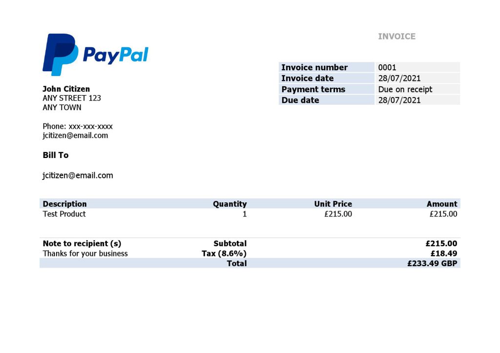 USA PayPal invoice template in Word and PDF format, fully editable