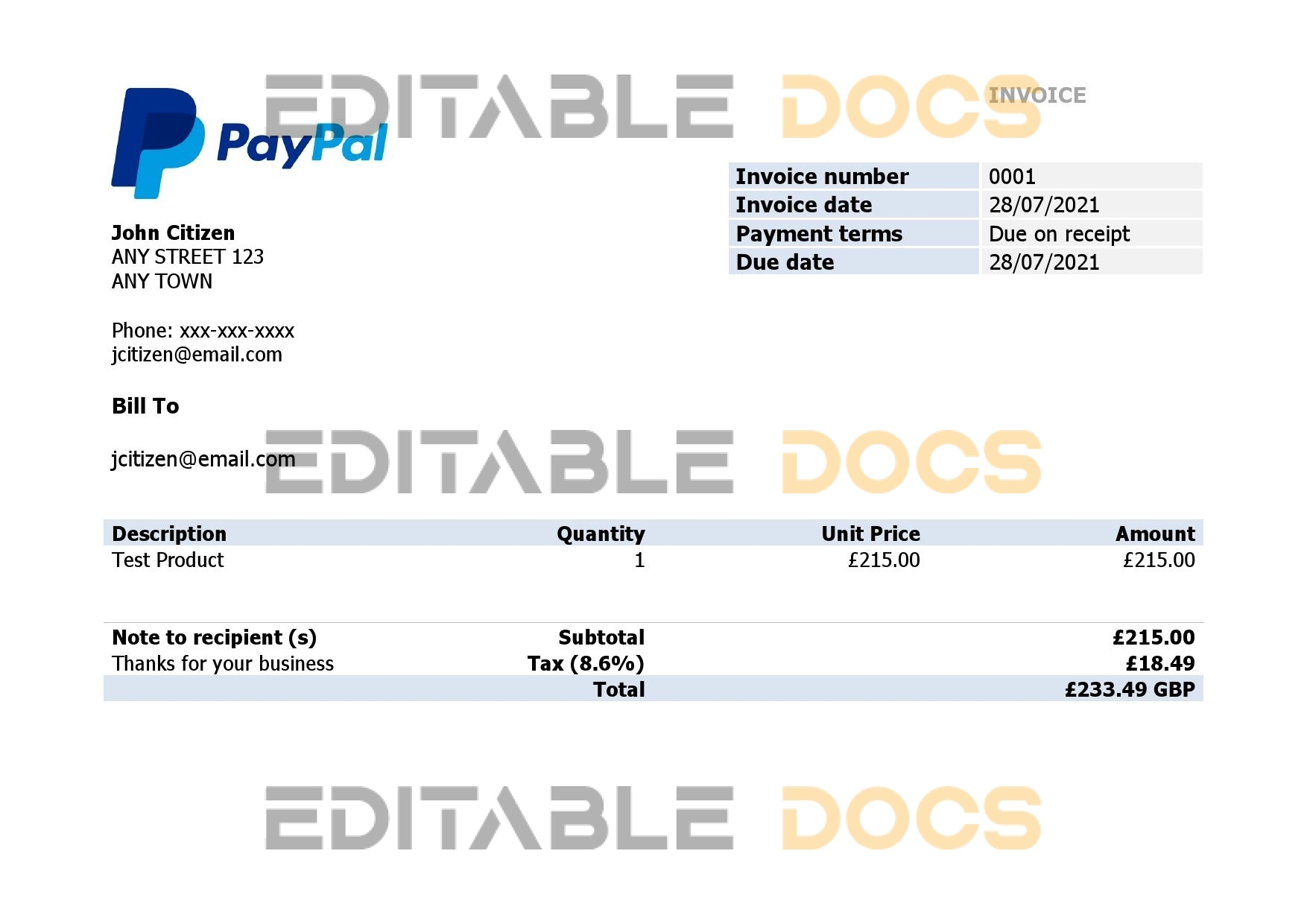 USA PayPal invoice template in Word and PDF format, fully editable