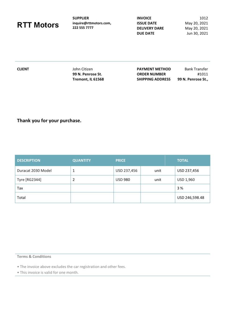 USA RTT Motors invoice template in Word and PDF format, fully editable