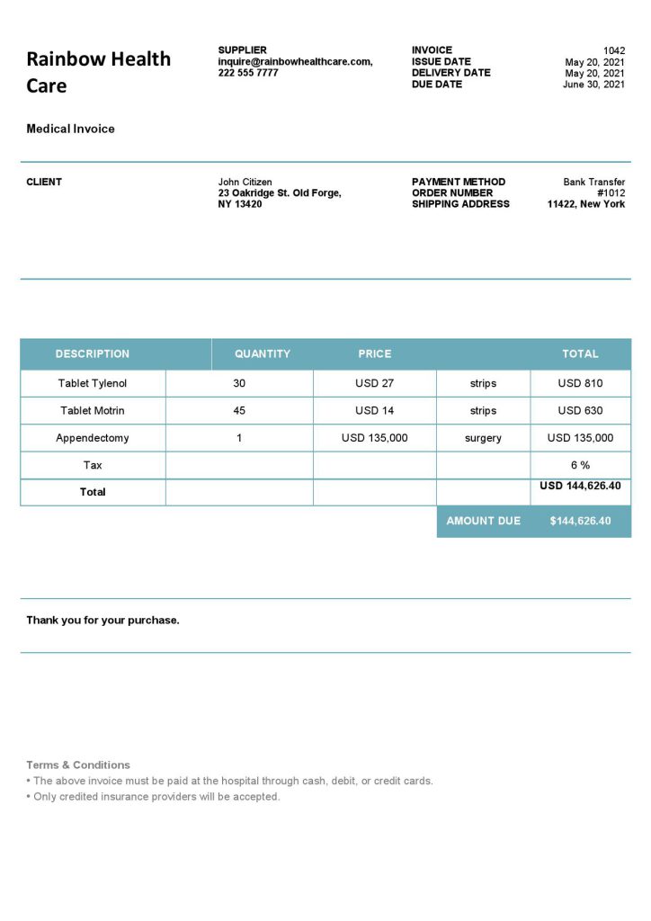 USA Rainbow Health Care invoice template in Word and PDF format, fully editable