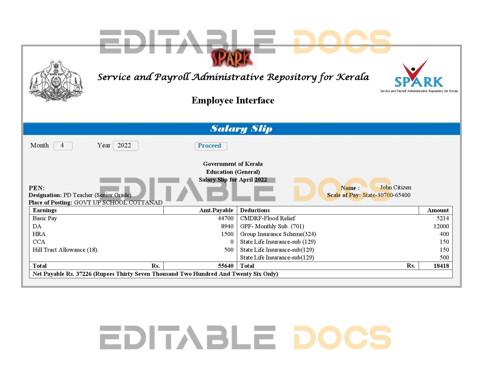 India Service and Payroll Administrative Repository for Kerala payroll company pay stub Word and PDF template