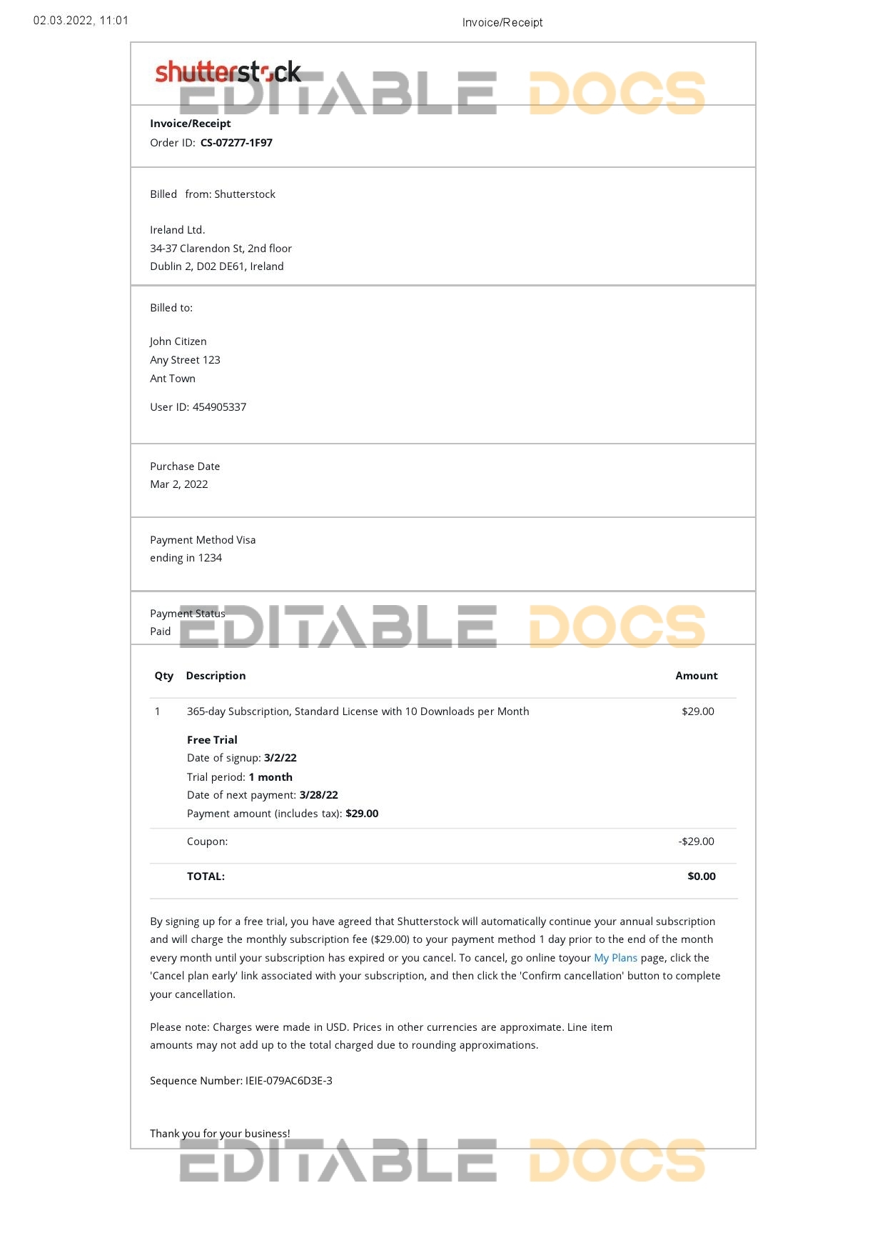 Ireland Shutterstock invoice template in Word and PDF format, fully editable