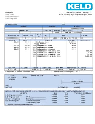 Spain Keld electronic company pay stub Word and PDF template