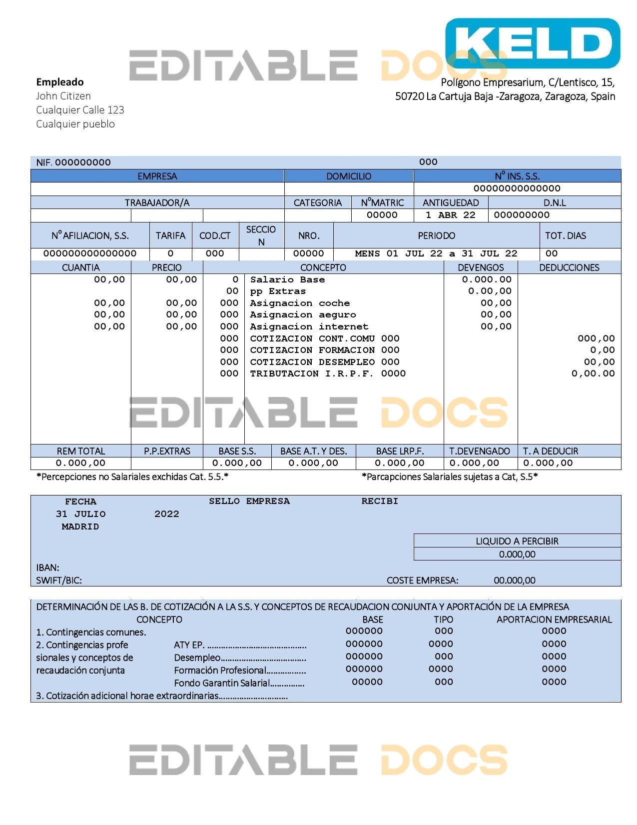 Spain Keld electronic company pay stub Word and PDF template