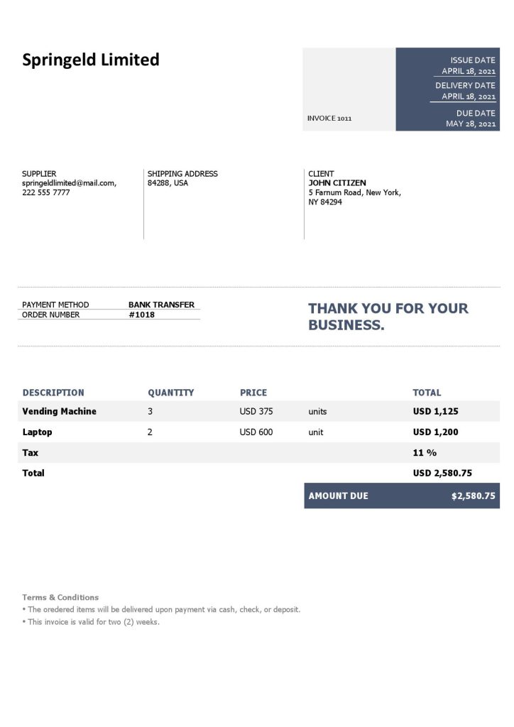 USA Springeld Limited invoice template in Word and PDF format, fully editable