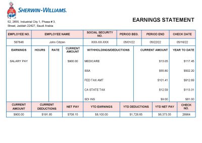UAE Sherwin-Williams Paints paint manufacturing company pay stub Word and PDF template