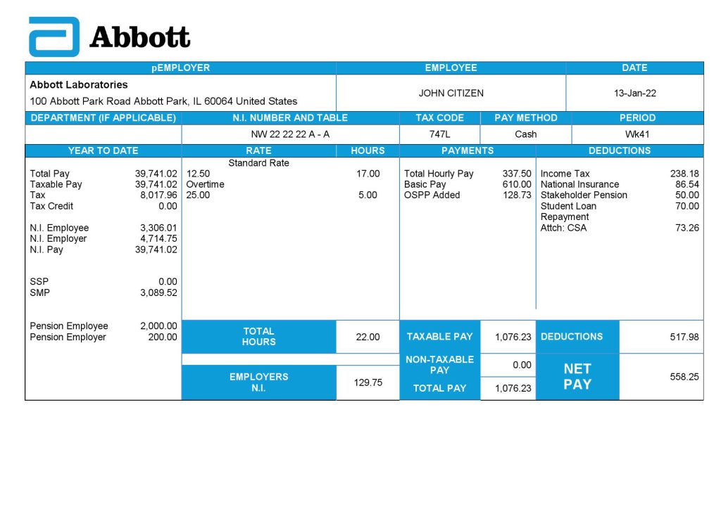 United Kingdom Abbott Laboratories medical devices distributing company pay stub Word and PDF template